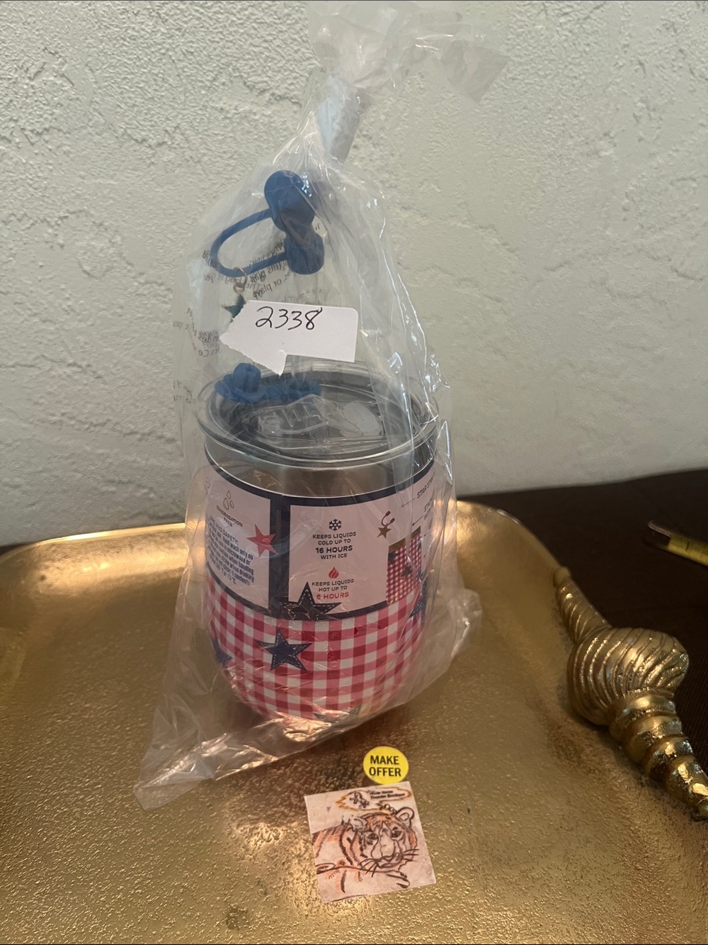 #2238*”4x6”Manna Wine Tumbler W/ Straw Topper - Blue & Red Gingham Stars - Picture 7 of 17